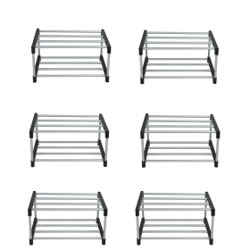 (6 pack)2 Tier Shoe Rack, Black and Silver, 4 Pairs of Shoes, Iron Poles & Plastic Connectors