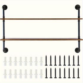 Industrial Pipe Shelf, 2 Tier 48x 9.84in, Wall-Mount Floating Rustic Wood Shelves Bracket Display Bookshelf