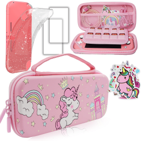 Pink Unicorn Carrying Case Compatible with Nintendo Switch Lite with Crystal Glitter Soft Protective Case Cover+Screen Protector+Stickers