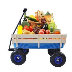 Outdoor Wagon All Terrain Pulling W  Wood Railing Air Tires Children Kid Garden (Color: Blue)